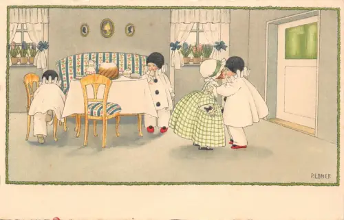 L163 Kinder spielen Pierrot Kostüme signiert P Ebner Vintage Postkarte