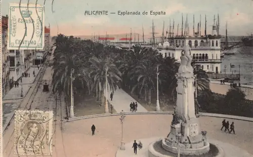 L142 Spanien 1920er Alicante Explanada de España Statue Platz Vintage Postkarte