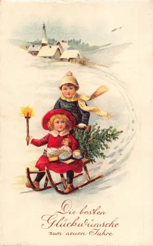 L001 Deutschland 1926 Neujahr Kinder Schlitten Weihnachtsbaum Geschenke Postkarte
