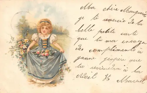L163 Frankreich Grüße 1900 Mädchen Blumen Litho Vintage Postkarte