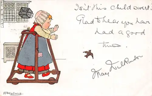 L163 England 1903 kleines Mädchen jagt Vogel signiert F Holms Litho Vintage Postkarte