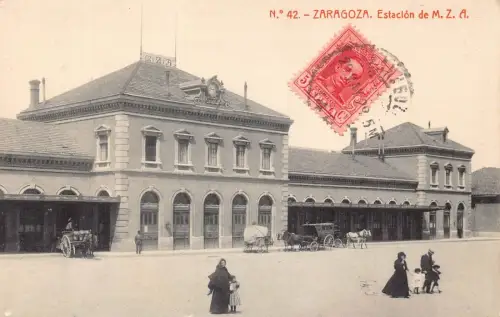 L142 Spanien 1929 Saragossa MZA Bahnhof Kutsche Pferd Vintage Postkarte