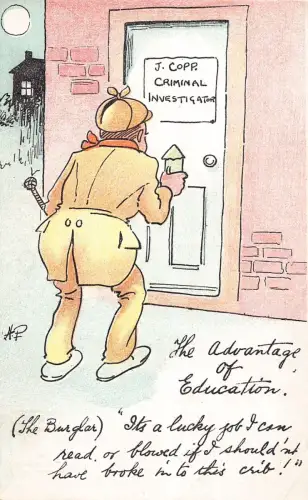 L008 Harry Parlett "Die Vorteile der Bildung" Comic signierte Vintage Postkarte