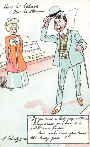 L008 Harry Parlett "Wie man sich für Gentlemen benimmt" Humor signierte Vintage Postkarte