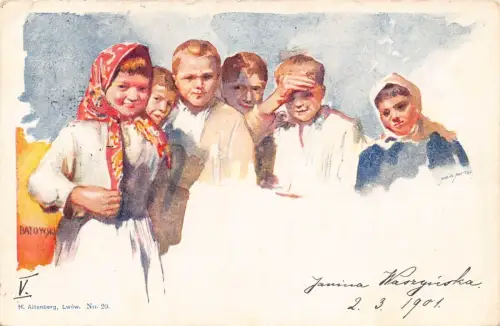 L163 Polen 1901 Kinder signierte Batowski Postkarte
