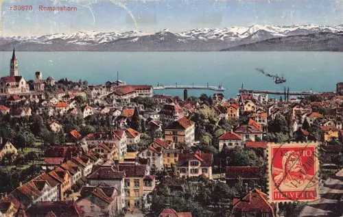 L144 Schweiz 1920 Romanshorn Panoramablick Dampfschiff Vintage Postkarte