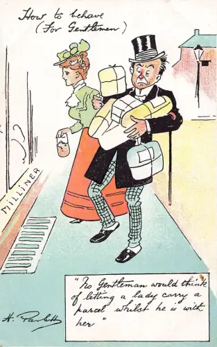 L008 Harry Parlett "Wie man sich für Gentlemen benimmt" Humor signierte Vintage Postkarte