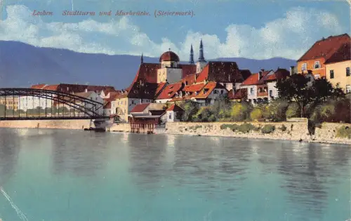 C042 Österreich, Leoben Stadtturm und Murbrücke 1931 alte Postkarte