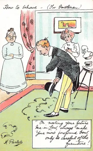 L008 Harry Parlett "Wie man sich für Gentlemen benimmt" Humor signierte Vintage Postkarte