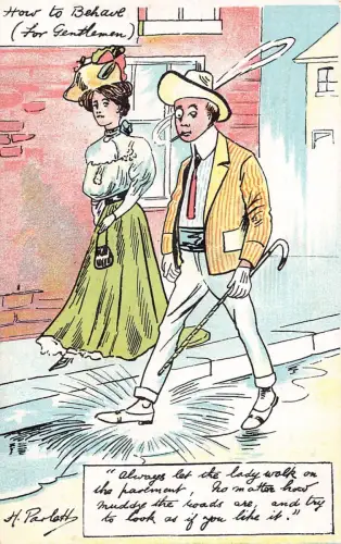 L008 Harry Parlett "Wie man sich für Gentlemen benimmt" Humor signierte Vintage Postkarte