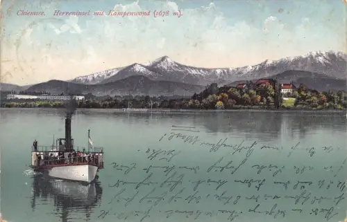 L170 Deutschland 1912 Chiemsee Herreninsel mit Kampenwald Dampfschiff Vintage Postkarte