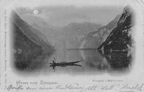 L170 Deutschland 1898 Gruss vom Koenigsee Boot Mondschein See Vintage Postkarte