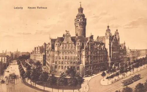 L172 Deutschland 1928 Leipzig Neues Rathaus Straßenbahnen Vintage Postkarte