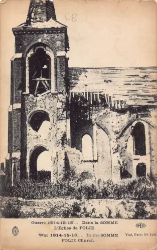 Frankreich WWI Katastrophe in Somme zerstört l'Eglise de Folie Vintage Postkarte