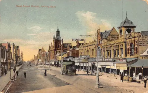 Südafrika 1908 West Street Durban Doppeldecker Straßenbahn Anstey's Shops Postkarte