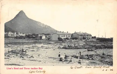 Südafrika 1906 Löwenkopf und Three Anchor Bay Beach Vintage Postkarte
