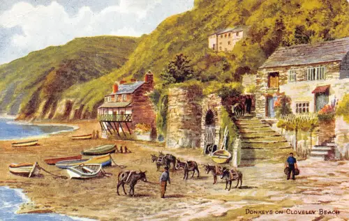 England Esel auf Clovelly Beach Booten Kunst Vintage Postkarte