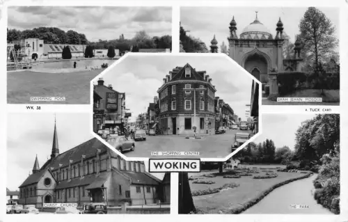 England 1959 Schwimmbad Einkaufszentrum Moschee Park Autos Woking RPPC Postkarte