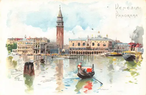 Italien Venezia Venedig Panorama Gondeln Kunst Vintage Postkarte