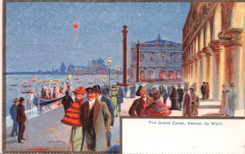 Italien Venezia Venedig Der Canal Grande bei Nacht Gondel Touristen Vintage Postkarte