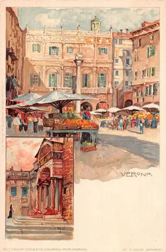 Italien Verona Markt Kunst von Manuel Wielandt Chromo Litho Vintage Postkarte