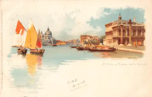 Italien Venezia Venedig Molo e Chiesa della Salute Boote Chromo Litho 1903 Postkarte