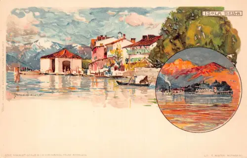 Italien Isola Bella Kunst von Manuel Wielandt Boote Chromo Litho Vintage Postkarte