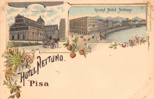 Italien Grand Hotel Nettuno Pisa Duomo u Campanile Blumen Kutsche Litho Postkarte