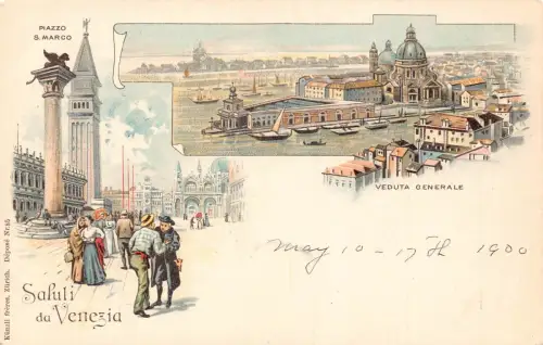 Italien Saluti da Venezia Venedig Piazza S Marco Boote Touristen Litho Postkarte