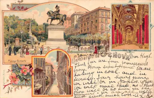 Italien 1900 Un Saluto da Genova Genua Multi-View Blumen Litho Postkarte