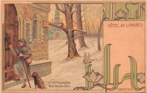 Italien Genua Genua Jugendstil Hotel de Londres Hund Blume Medio Litho Postkarte