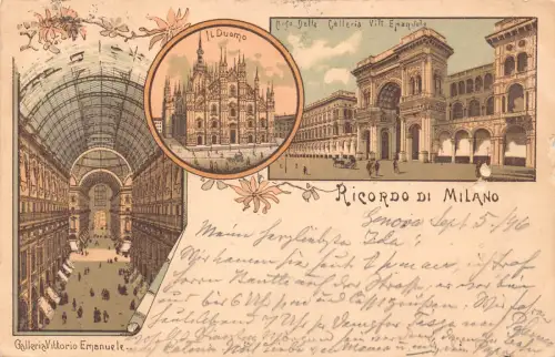 Italien 1896 Ricordo di Milano Mailand Duomo Vitt Emanuele Galleria Litho Postkarte
