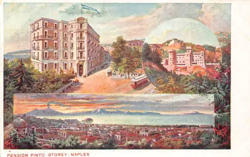 Italien Neapel Napoli Stockwerk Pension Pinto Straßenbahn Panorama Vintage Postkarte