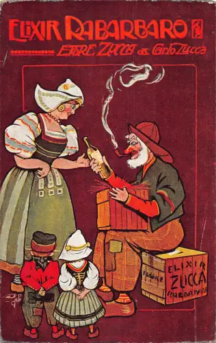 Italien Werbung Elixier di Rabarbaro Likör Zucca Pfeifenflasche Kinder Postkarte