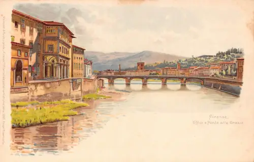 Italien Firenze Florenz Uffizien e Ponte alle Grazia Brücke Chromo Litho Postkarte