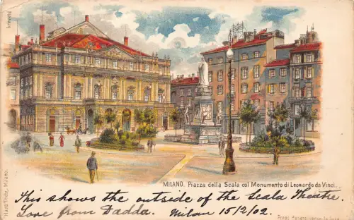 Italien 1902 Milano Mailand Piazza della Scala col Monumento di Da Vinci Postkarte