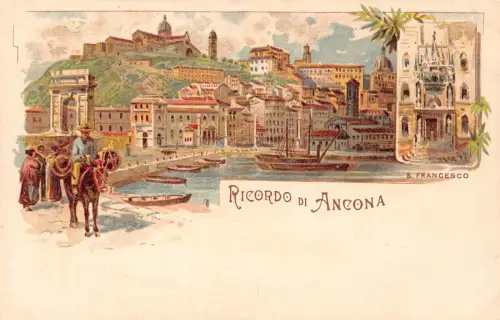 Italien Ricordo di Ancona Pferd Mann Boote Kunst von S Francesco Litho Postkarte