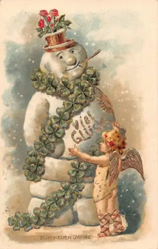 L189 Neujahrsgrüße 1907 Schneemann Kleeblatt Glück Cherub Rosen Postkarte