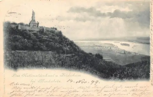 L151 Deutschland 1899 Das Nationaldenkmal u. Früdesheim bei Mondschein Postkarte