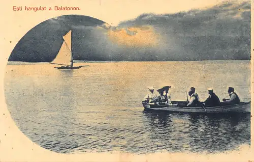 Ungarn Esti hangulat a Plattensee Segelboot Mondschein Vintage Postkarte