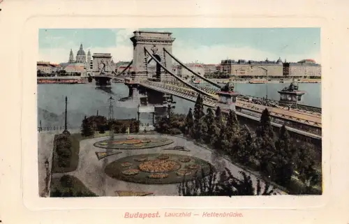 Ungarn Budapest Lanczhid Kettenbrücke Passepartout Vintage Postkarte
