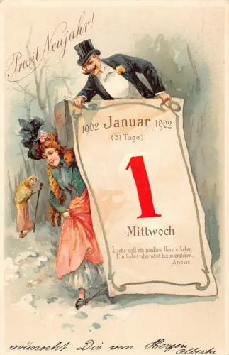 L189 Neujahrsgrüße 1901 Junges Paar als Neujahr alte Dame Prägepostkarte