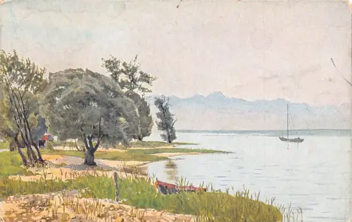 L183 Deutschland 1922 Am Bodensee Boote Gemait vom Marschall Vintage Postkarte