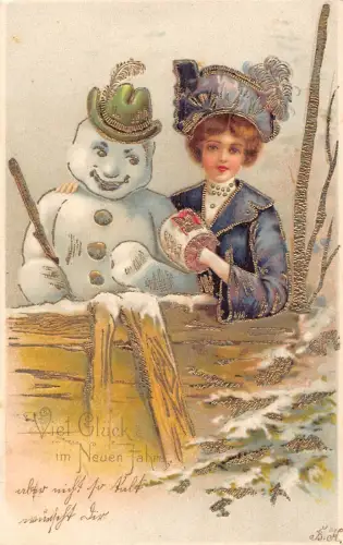 L189 Neujahrsgrüße 1904 Humanisierte Schneemann Dame Glück geprägte Postkarte