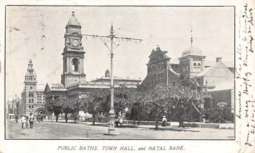 Südafrika Natal Public Baths Rathaus und Bank Vintage Postkarte