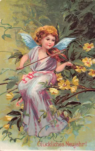 L179 Neujahrsgrüße Engel spielt Geige Blumen geprägt Vintage Postkarte