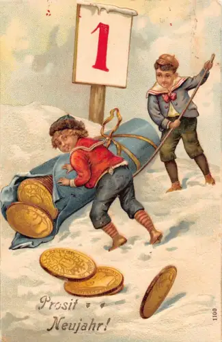 L179 Neujahrsgrüße 1909 Jungen Gold Geld Glück geprägt Vintage Postkarte