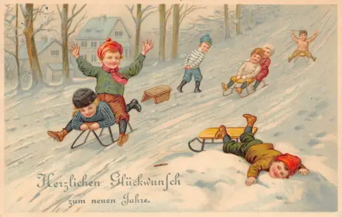 L179 Neujahrsgrüße 1909 Kinder Schlittenfahren Winter Schnee Vintage Postkarte