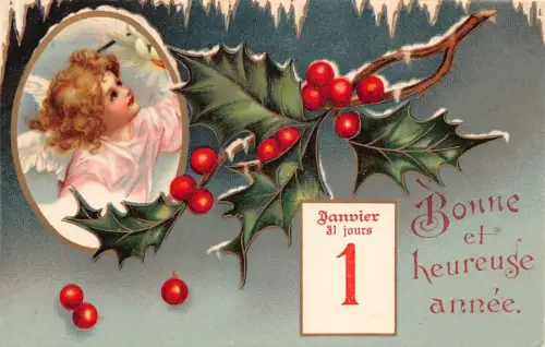 L179 Neujahrsgrüße 1907 Mädchen Heiliger Baum Fantasy Vintage Postkarte