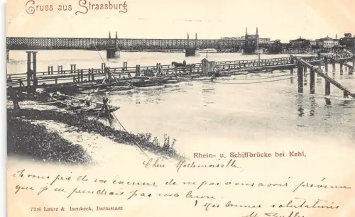 L075 Frankreich 1898 Gruss aus Strassburg Rhein und Schiffsbrücke bei Khel Postkarte